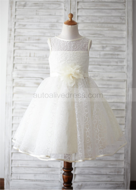 Ivory Lace Flower Sash Knee Length Flower Girl Dress 